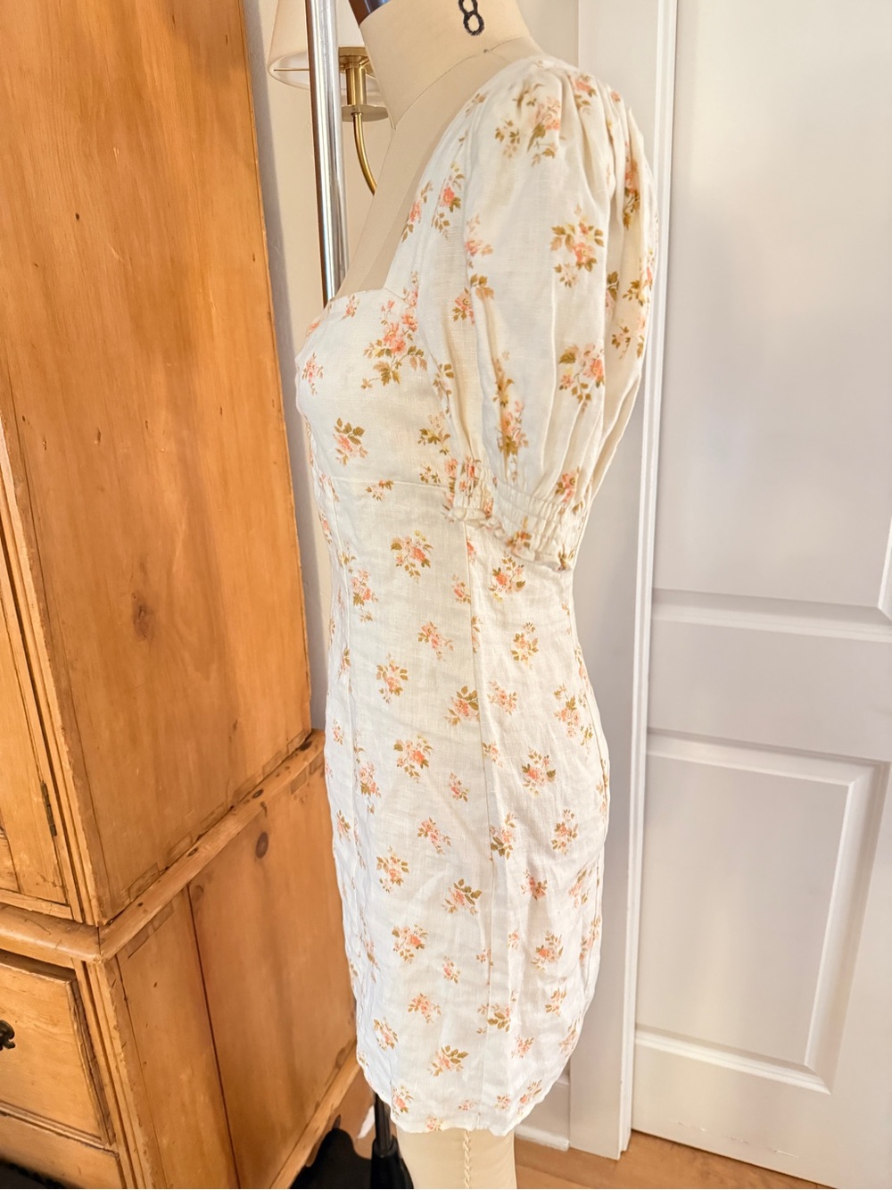 Reformation Gina Cream Floral Square-Neck Puff Sleeve Linen Mini Dress BWT - Picture 6 of 16
